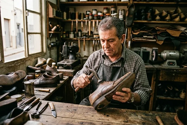 Sapateiro analisando calçados desgastados em Marília.